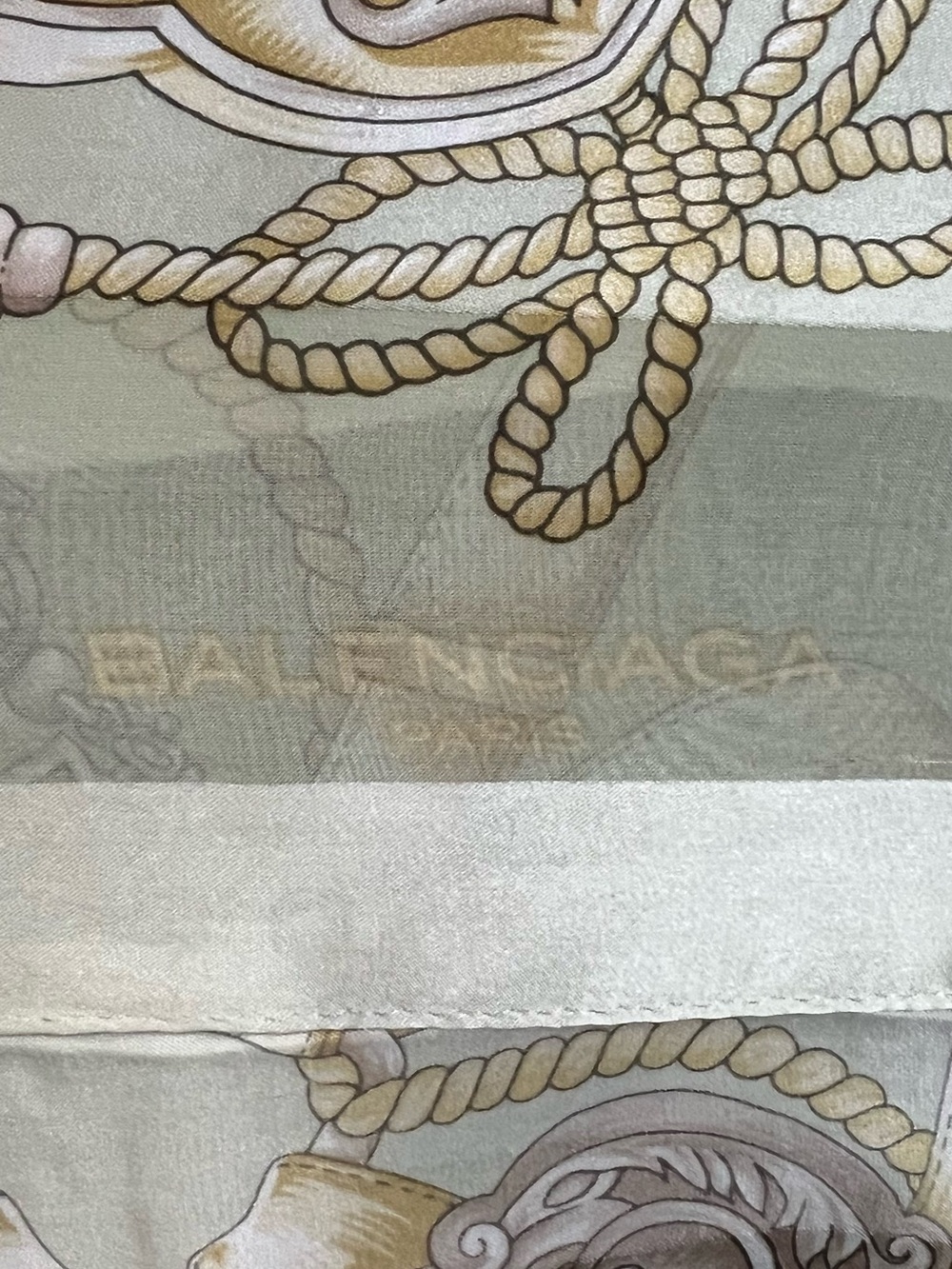 BALENCIAGA Paris Silk Square Scarf 34” Beige Gold Rope Tassel Crest Vintage - Picture 5 of 12